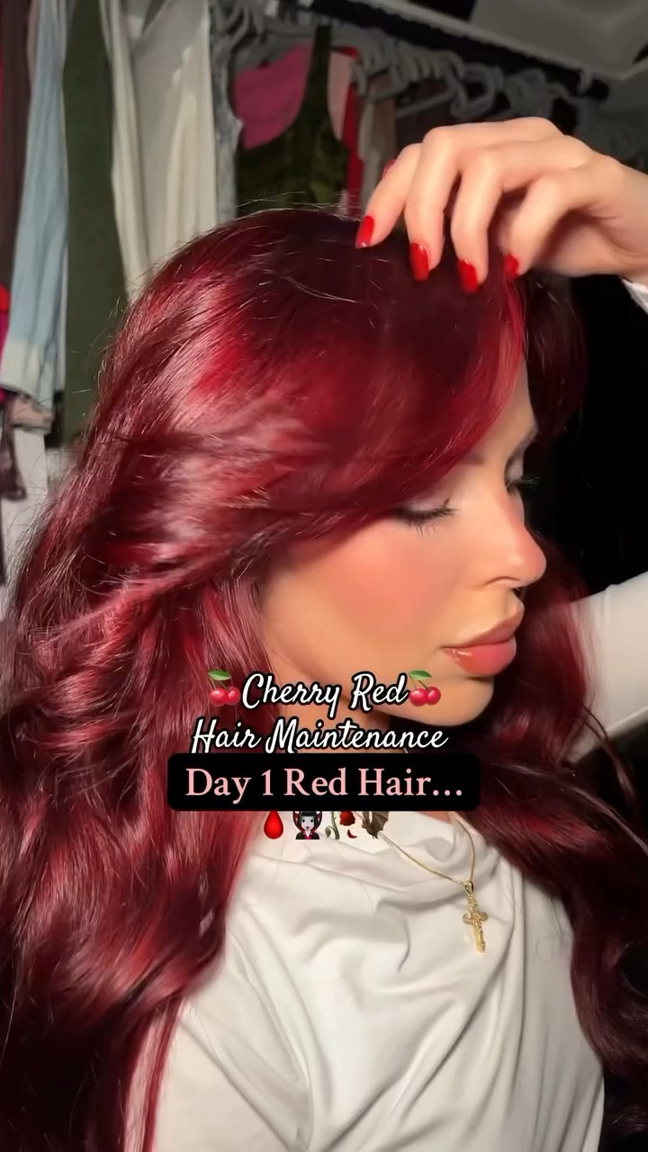 Cherry Red Hair Maintenance #cherryredhair #redhaircolor #redhaircolour #cherryredhaircolor #dyedhairdontcare #redhairgirl Inspo: @orninaaaaa & @stylebyomid ♥️ #vampireredhair #oribehaircare @oribe