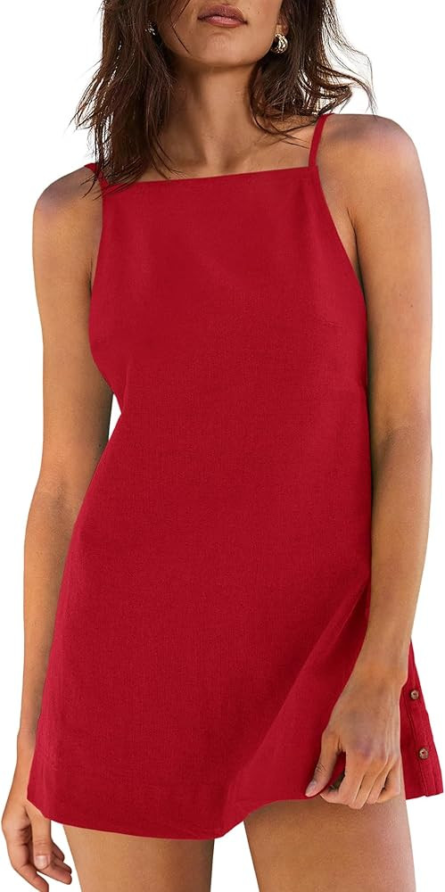 Yanekop Womens Linen Mini Dress Spaghetti Strap Short Beach Summer Dresses Sleeveless Sundress Op... | Amazon (US)