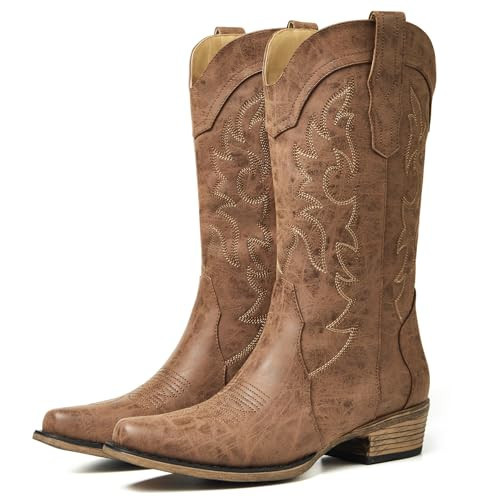 RURUNA Cowboy Boots for Women, Cowgirl Boots with Embroidered and Chunky Heel, Ideal for Daily Wear and Country Fashion, Distressed Brown 7.5 | Amazon (US)