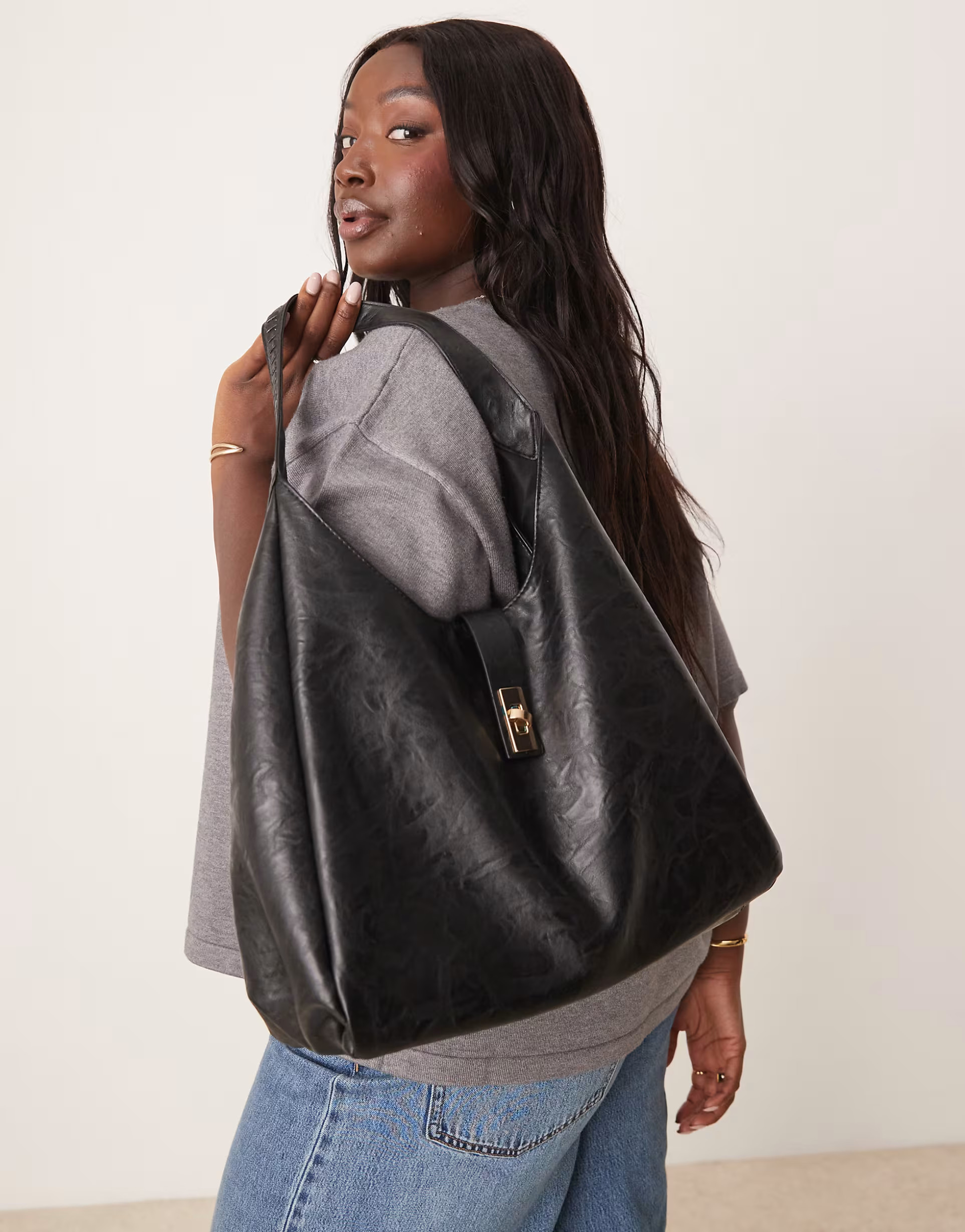 Glamorous slouch clasp detail large tote bag in black | ASOS | ASOS (Global)