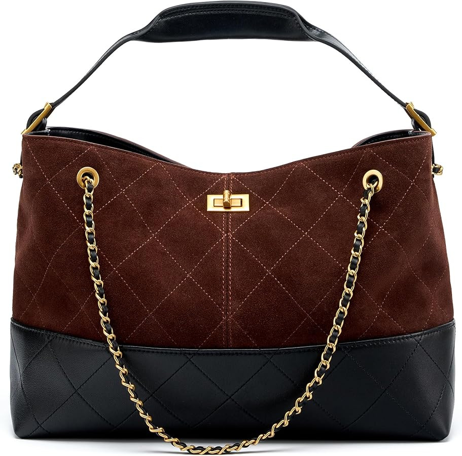 Soft Genuine Leather Lambskin Suede Quilted Bag,Carryall Top Handle Gold Chain Shoulder Shopping ... | Amazon (US)