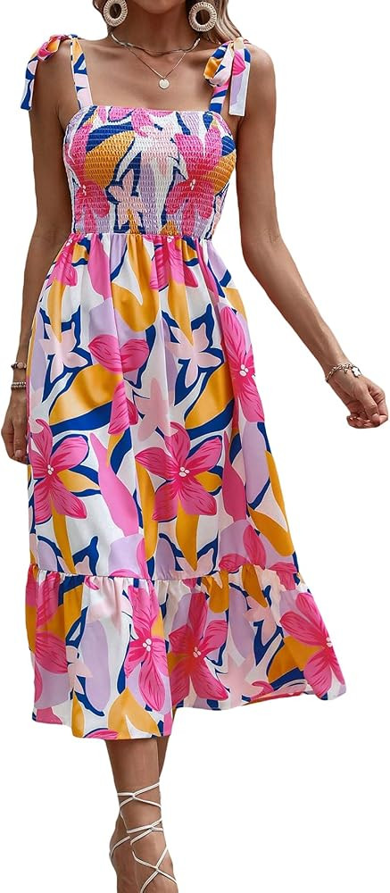 MakeMeChic Women's Summer Boho Dress Casual Floral Print Spaghetti Strap Square Neck Long Maxi Dr... | Amazon (US)