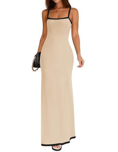 ZESICA Women's 2025 Summer Spaghetti Straps Maxi Dress Sleeveless Square Neck Lightweight Long Beach Dresses,Apricot,Small | Amazon (US)