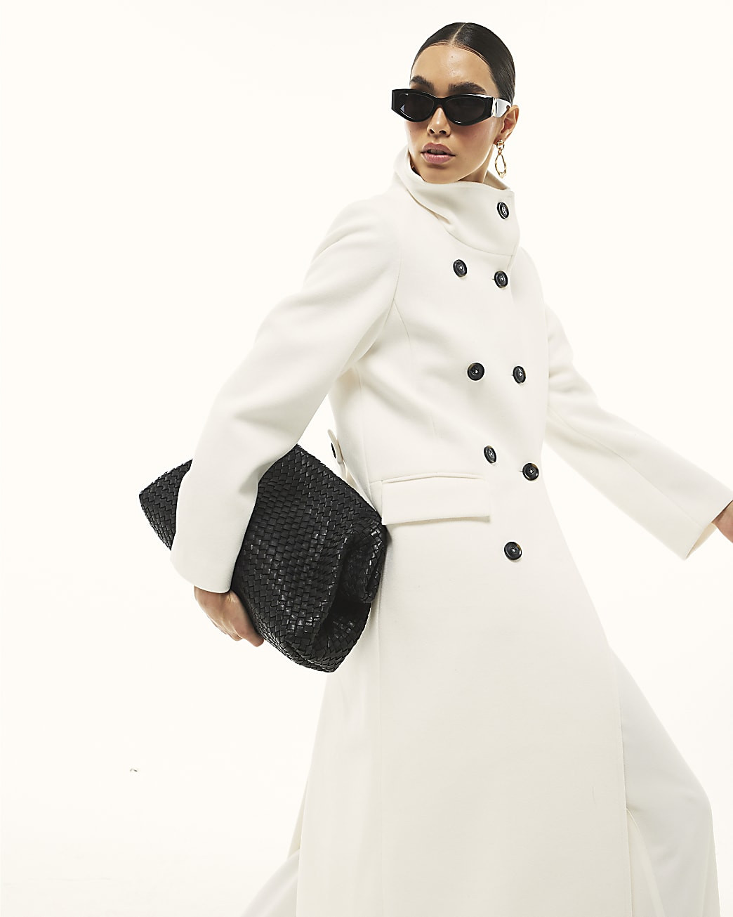 Cream Double Breasted Funnel Neck Coat | River Island UK & IE