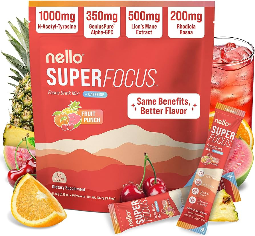 Nello Superfocus \u2013 Nootropic Focus Drink Mix for Productivity, L-Theanine, Rhodiola Rosea, A... | Amazon (US)