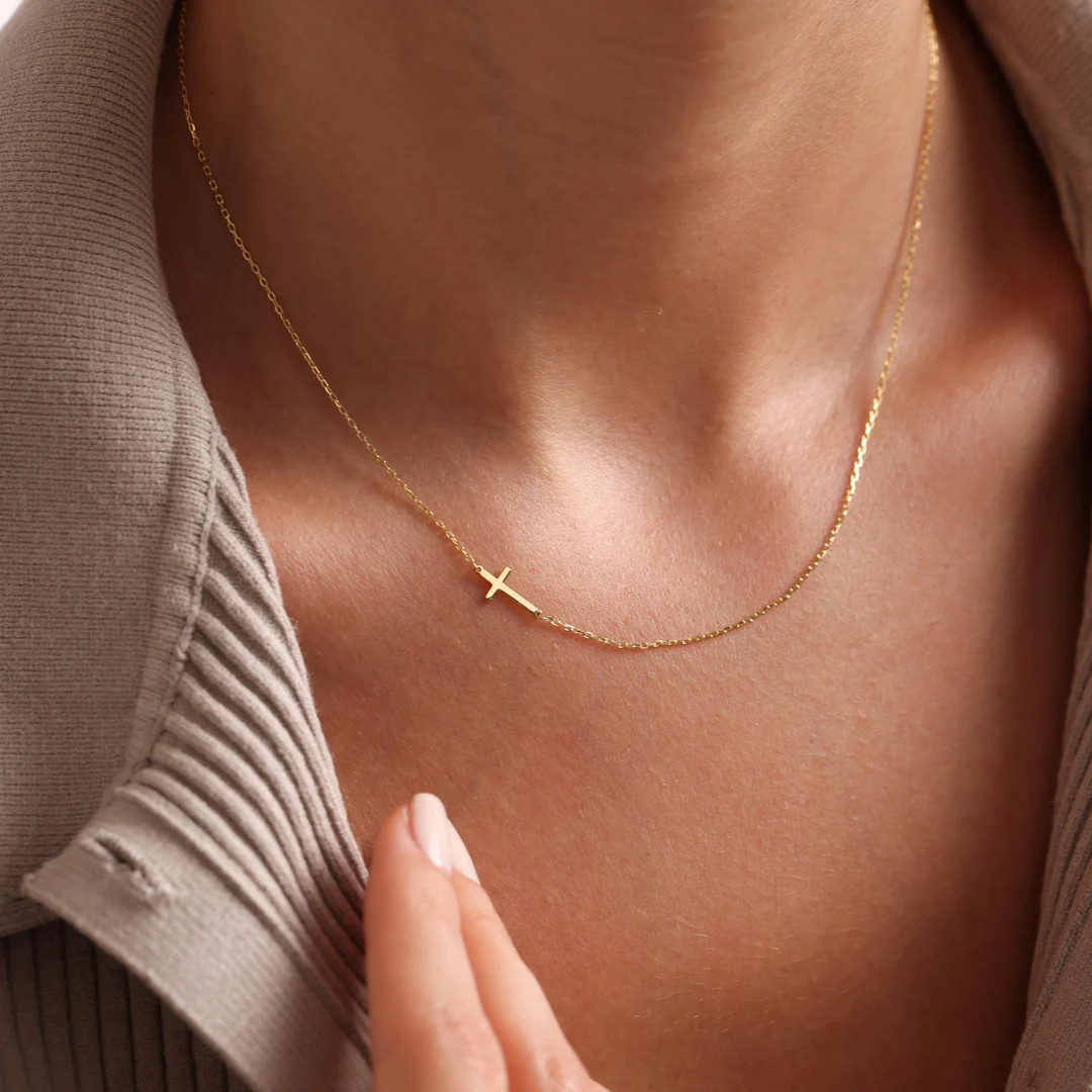 Sideways Cross Necklace, Dainty Gold Cross Necklace, Gift for Her, Tiny Cross Necklace, Confirmat... | Etsy (US)