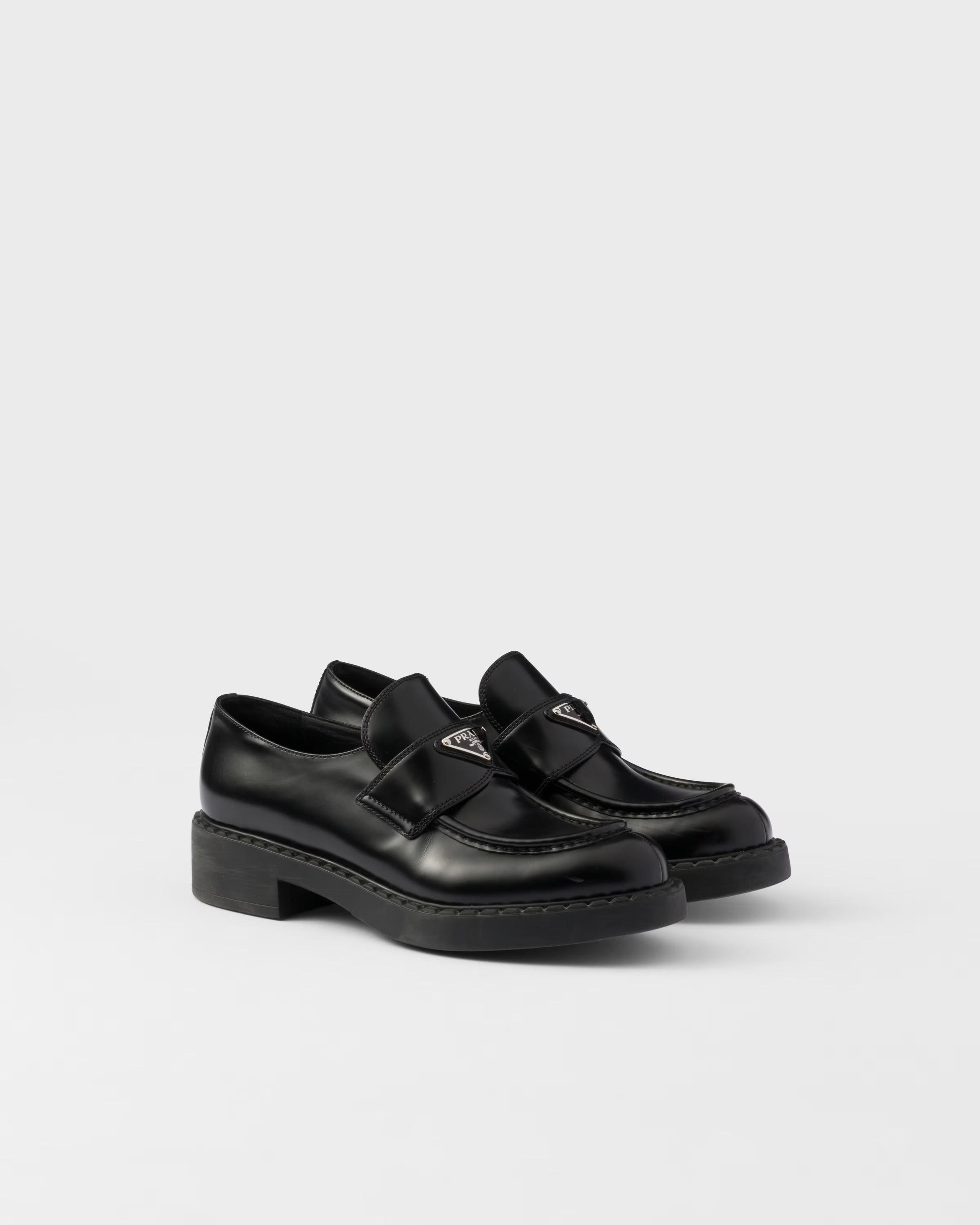Chocolate brushed leather loafers | Prada US