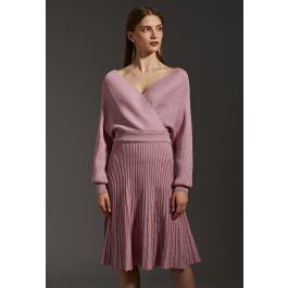Glittering Ribbed Wrap Top and Pleated Skirt Knit Set in Pink | Chicwish