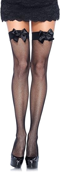 Leg Avenue Women's OS Satin Bow Fishnet Thigh Highs | Amazon (US)