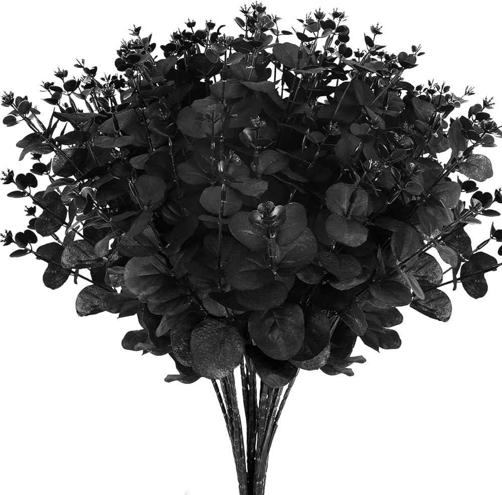 Sawowkuya 6 Pcs Halloween Flowers Artificial Black Eucalyptus Stems Faux Black Floral Picks Leave... | Amazon (US)