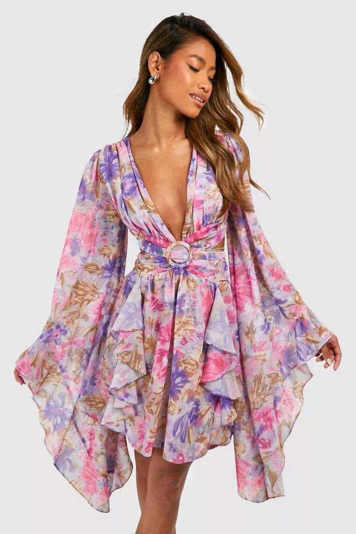 Printed Chiffon Print Cut Out Mini Dress | Boohoo.com (UK & IE)