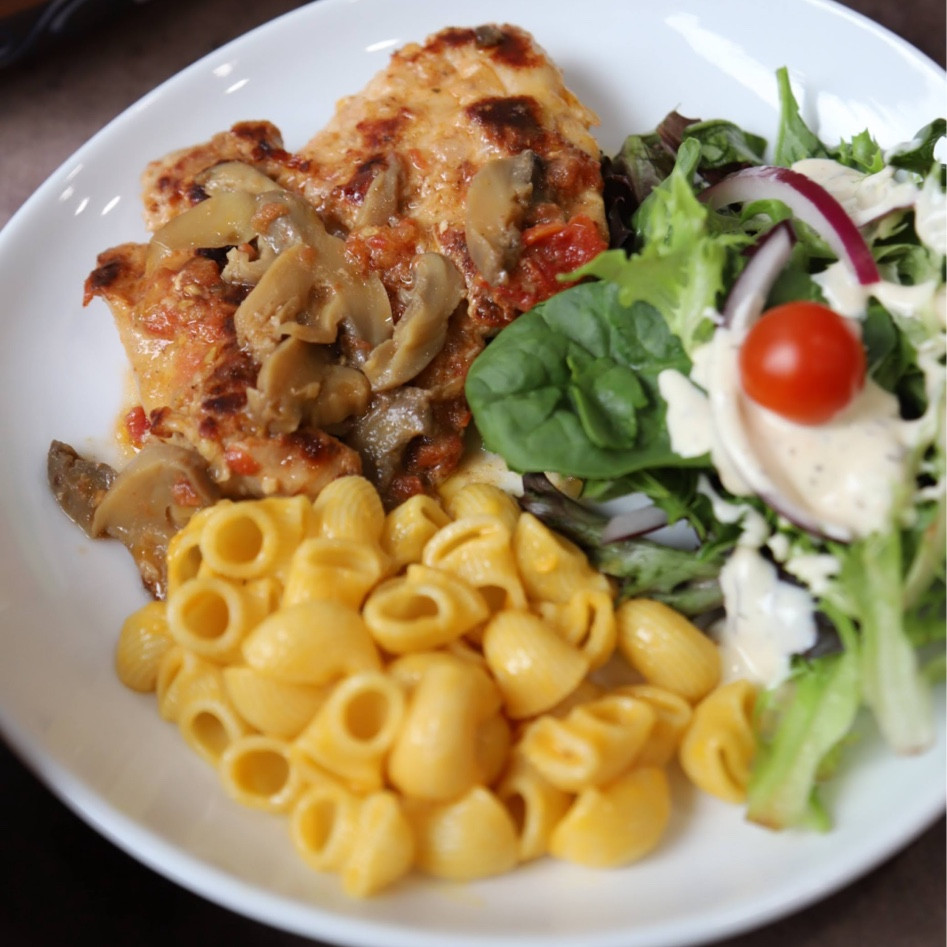 #WalmartPartner Easy dinner ready in 30 minutes with @Walmart BetterGoods! 

#WalmartPartner Make this fantastic Ingredients 
2 tomatoes 
1 tablespoon Bettergoods Truffle Parmesan Garlic Sea Salt seasoning 
2 garlic cloves
 ½ tablespoon cooking oil 
1 can mushrooms
 ½ tablespoon flour 

Smash the tomatoes along with the seasoning, garlic, and oil. Marinate the chicken in the mix. I made it right away, but if you have time to marinate longer, this will still be more delicious! Cook chicken on medium-high heat for around 8 minutes on one side, flip, and cook for another 5 minutes. Add the remaining marinade and the mushrooms. Cook for an additional 3 minutes or until the chicken is fully cooked. 

I used an already-made salad and added cherry tomatoes and red onion. The Ranch Jalapeno dressing is fantastic! 
For dessert? BetterGoods vanilla Ice Cream! Look for BetterGoods products at your local Walmart. Shop all you need right here at my @shop.ltk , #liketkit

#LTKHome #LTKBacktoSchool