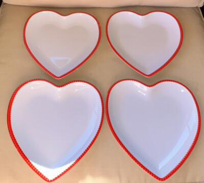 4 Target Valentines Melamine Dessert Plates White W/Red Raised Trim Heart Shaped  | eBay | eBay US