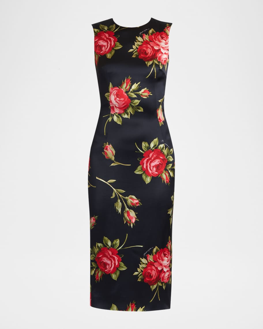 Dolce&Gabbana Rose Bouquet-Print Sheath Midi Dress | Neiman Marcus
