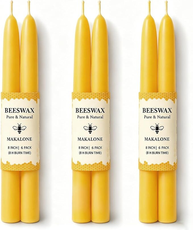 Beeswax Taper Candles,8in Pure Beeswax Candles Bluk-6 Pcs,8 Hours Long Burning Bees Wax Candle fo... | Amazon (US)