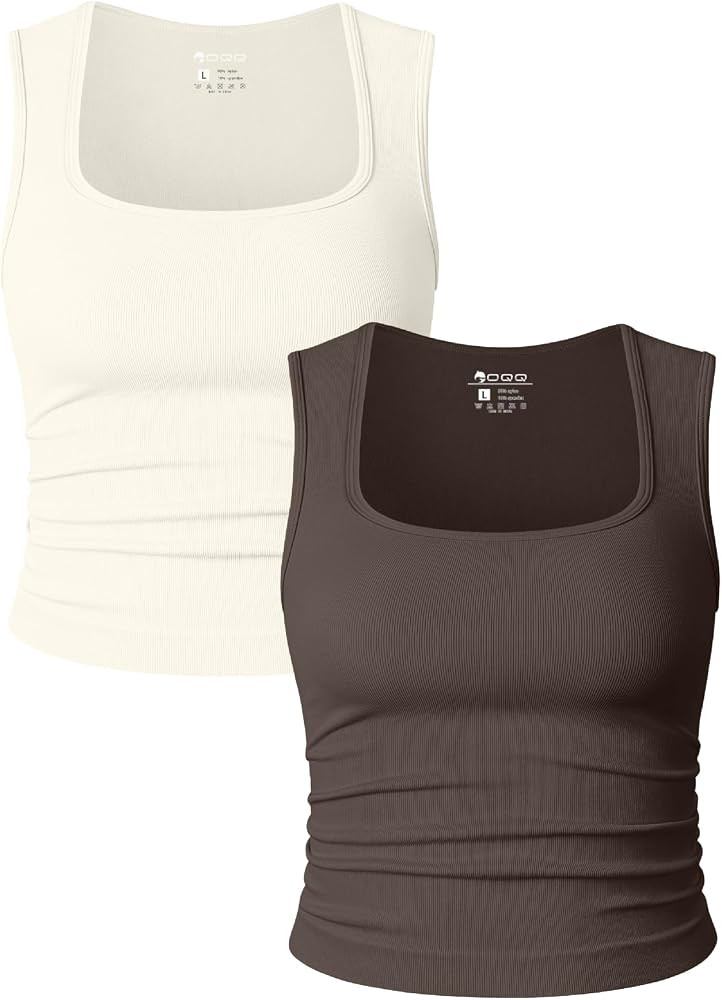OQQ Womens 2 Piece Crop Tops Rueched Sleeveless Square Neck Stretch Basic Tank Shirts | Amazon (US)
