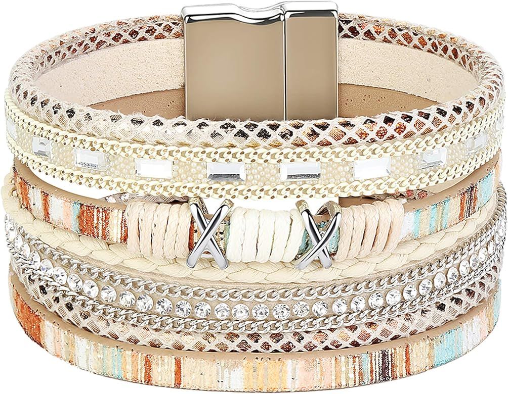 FIBO STEEL Boho Wrap Bracelets for Women Braided Leather Rope Handmade Multi-Layer Cuff Bangle | Amazon (US)