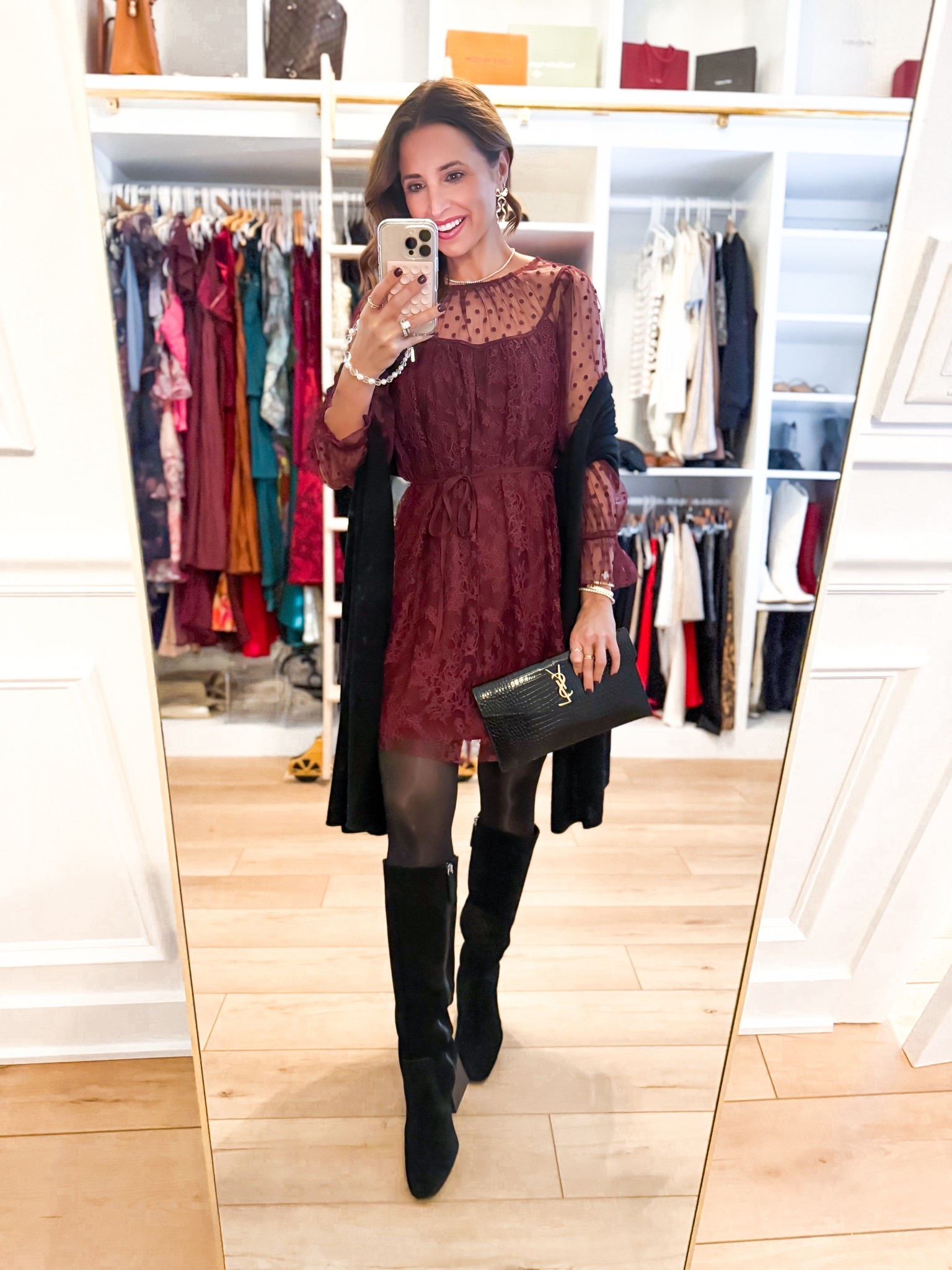 Loft lace dress in XXS petite. Holiday party outfit. Christmas party outfit. Date night outfit. Date night dress.  Party dress. Cashmere wrap. YSL clutch. Knee high boots - I went up half a size to make room for socks. 

#LTKootd #LTKHoliday #LTKPetite