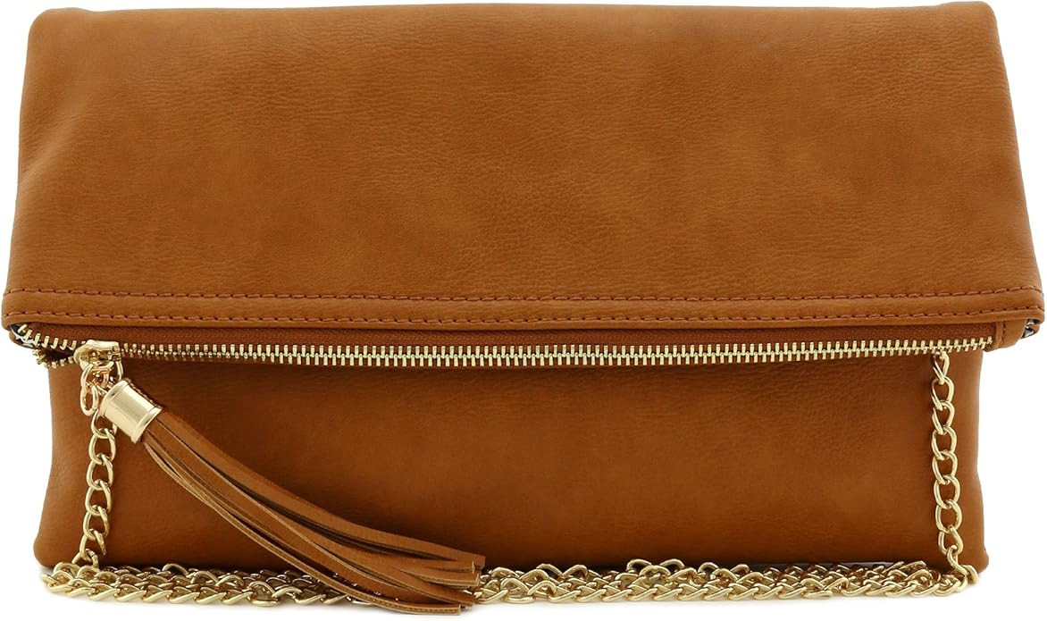 Tassel Accent Flapover Clutch Purse with Chain Strap | Amazon (US)