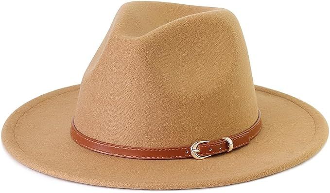 LolliWeaver Women Fashion Flat Wide Brim Teardrop Crown Felt Fedora Hat with Hat Belt | Amazon (US)