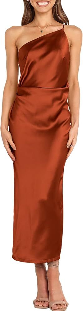 ANRABESS Women Summer Satin One Shoulder Bodycon Maxi Dress Sleeveless Split Prom Party Cocktail For | Amazon (US)