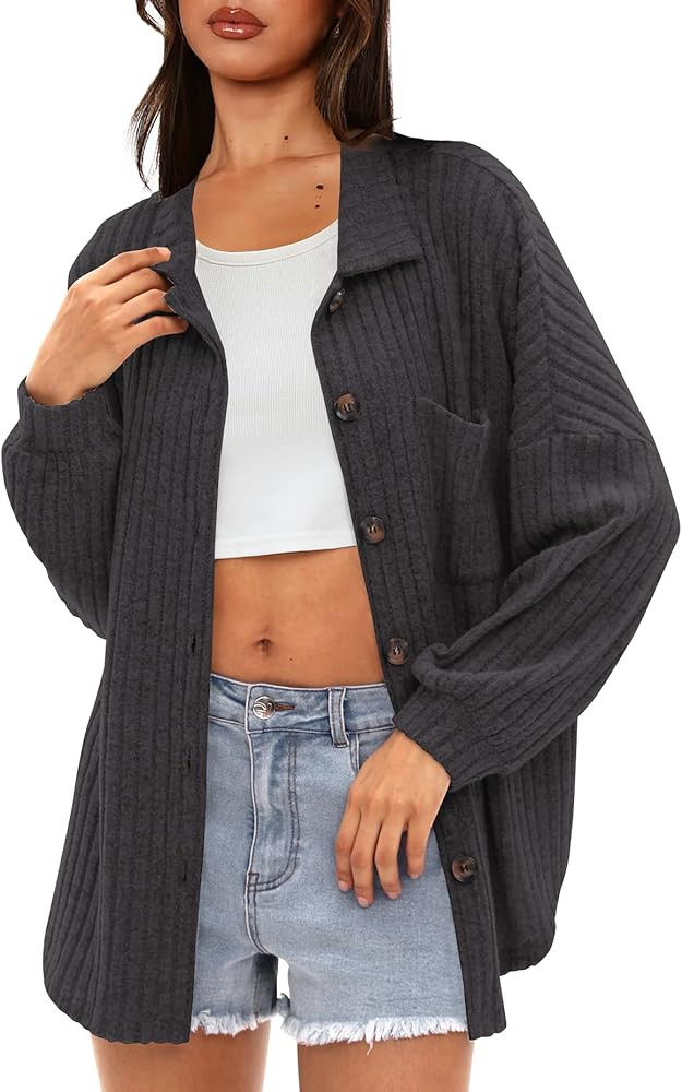 Darong Women's Loose Fit Batwing Sleeve Ribbed Knit Button Down Shirt Shacket Boyfriend Shirt Jac... | Amazon (US)