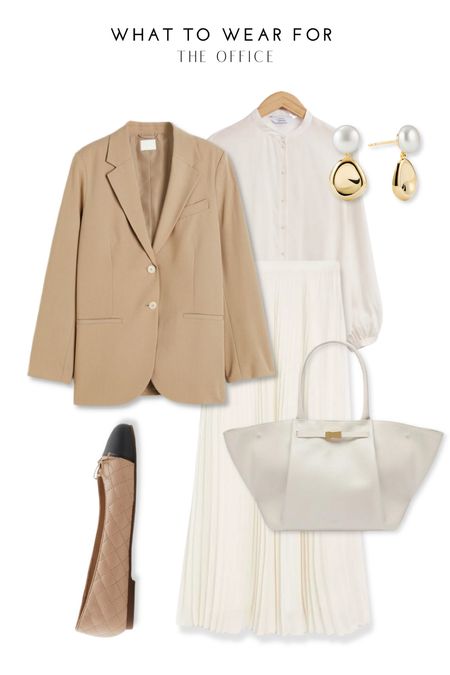 office outfit inspi 🫶

Beige blazer, white blouse, pleated midi skirt, two toned ballet flats, demellier tote bag, pearl earrings, mejuri 

#LTKworkwear #LTKeurope #LTKSeasonal