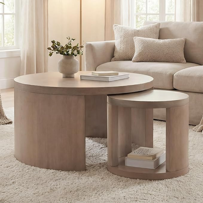 Round Coffee Table Set of 2, Nesting Coffee Tables with Storage, Living Room Table Set, Modern Wo... | Amazon (US)