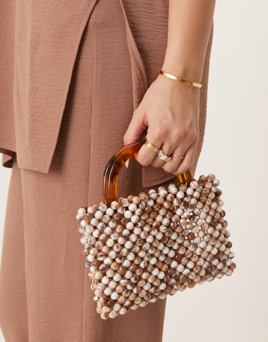 ASOS DESIGN beaded grab bag with resin handle in brown | ASOS (Global)