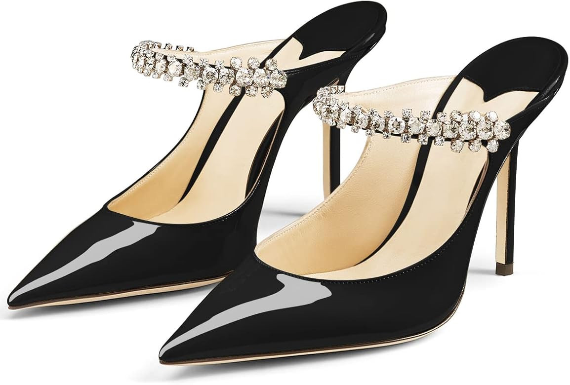 MIRAAZZURRA Women Heeled Mules Rhinestone Strappy Pointed Toe Mules Stiletto High Heels Slip On Brid | Amazon (US)