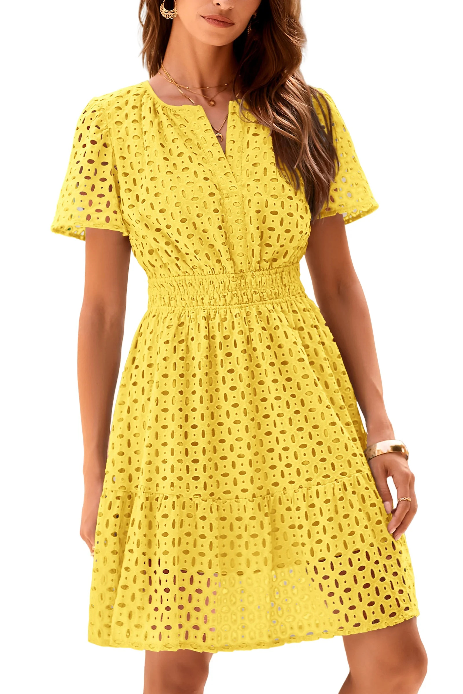 PRETTYGARDEN Womens Summer Short Dress V Neck Short Sleeve A Line Wear To Work Hollow Out Lace Ru... | Walmart (US)