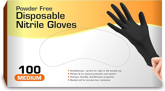 Nitrile Gloves, Disposable Gloves, Comfortable, Powder Free, Latex Free | 100 Pcs (Black, Medium) | Amazon (US)