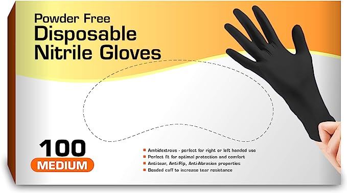 Nitrile Gloves, Disposable Gloves, Comfortable, Powder Free, Latex Free | 100 Pcs (Black, Medium) | Amazon (US)