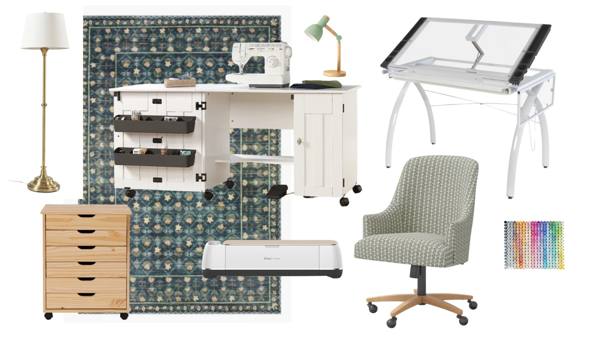 Home art studio, mood board, sewing table, drawing table, office chair, green lamp, mid century modern, whimsical, green decor, green rug, refresh 

#LTKHome #LTKFindsUnder100