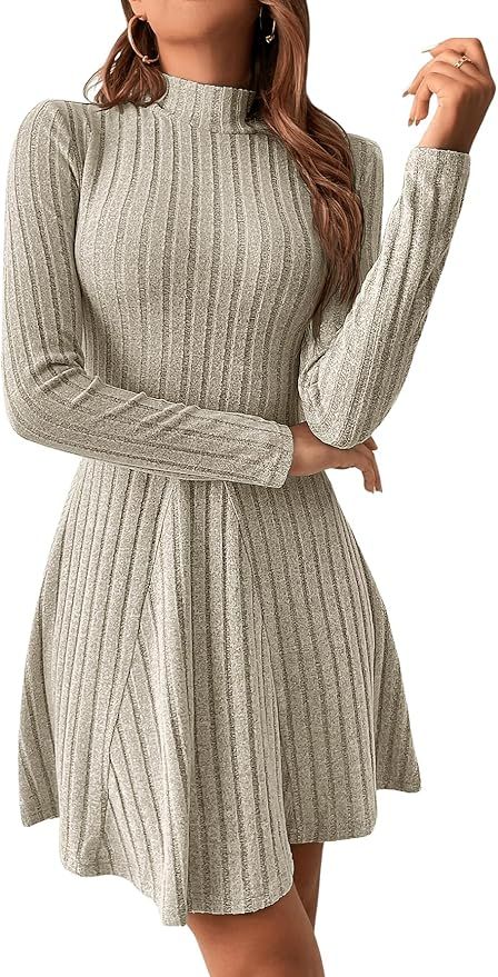 SweatyRocks Women's Casual Long Sleeve Mock Neck Dress Ribbed Knit High Waist A-Line Dresses | Amazon (US)