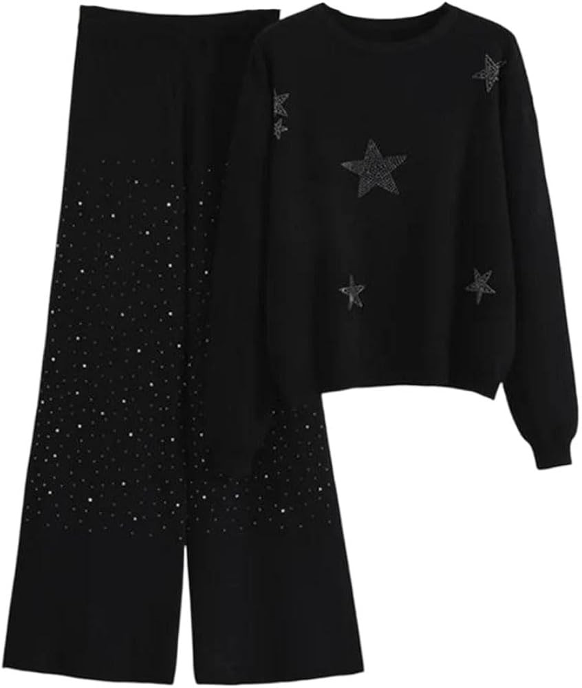 Women’S Spring Korean Style Diamond Sweater and Wide Leg Pants Elegant Set | Amazon (US)