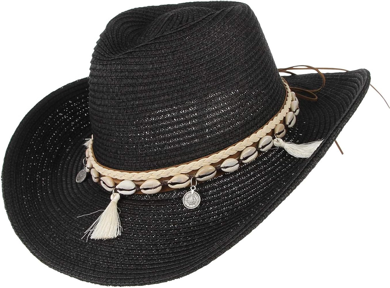 GEMVIE Women's Summer Straw Cowboy Cowgirl Hat Sun Hats Wide Brim Beach Holiday Straw Hat with Sh... | Amazon (UK)