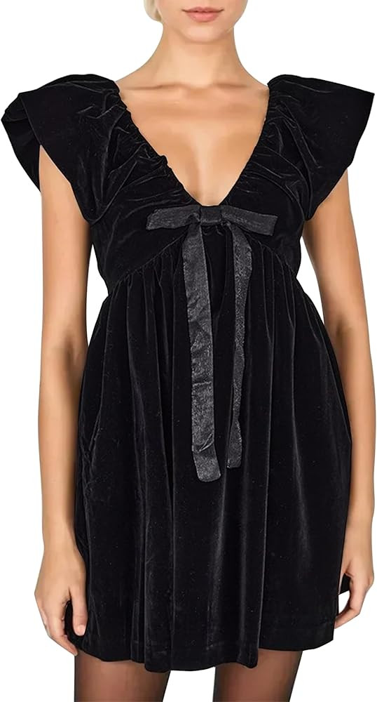 MISSACTIVER Women's Velvet Satin Bow Mini Dress Cute Puff Sleeves Pleated Short Dress V Neck A Li... | Amazon (US)