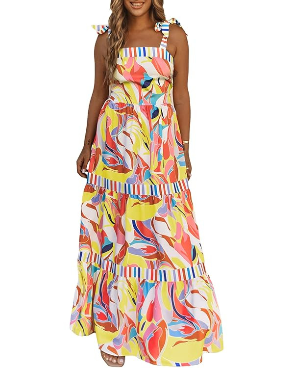 AlvaQ Women's 2023 Summer Sleeveless Floral Print Maxi Dress Strap Square Neck Beach Sun Dress | Amazon (US)