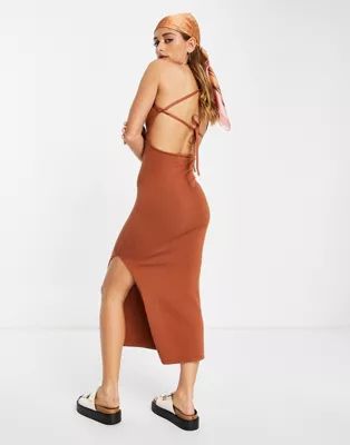 ASOS DESIGN knitted midi dress with cross back tie detail in brown | ASOS (Global)