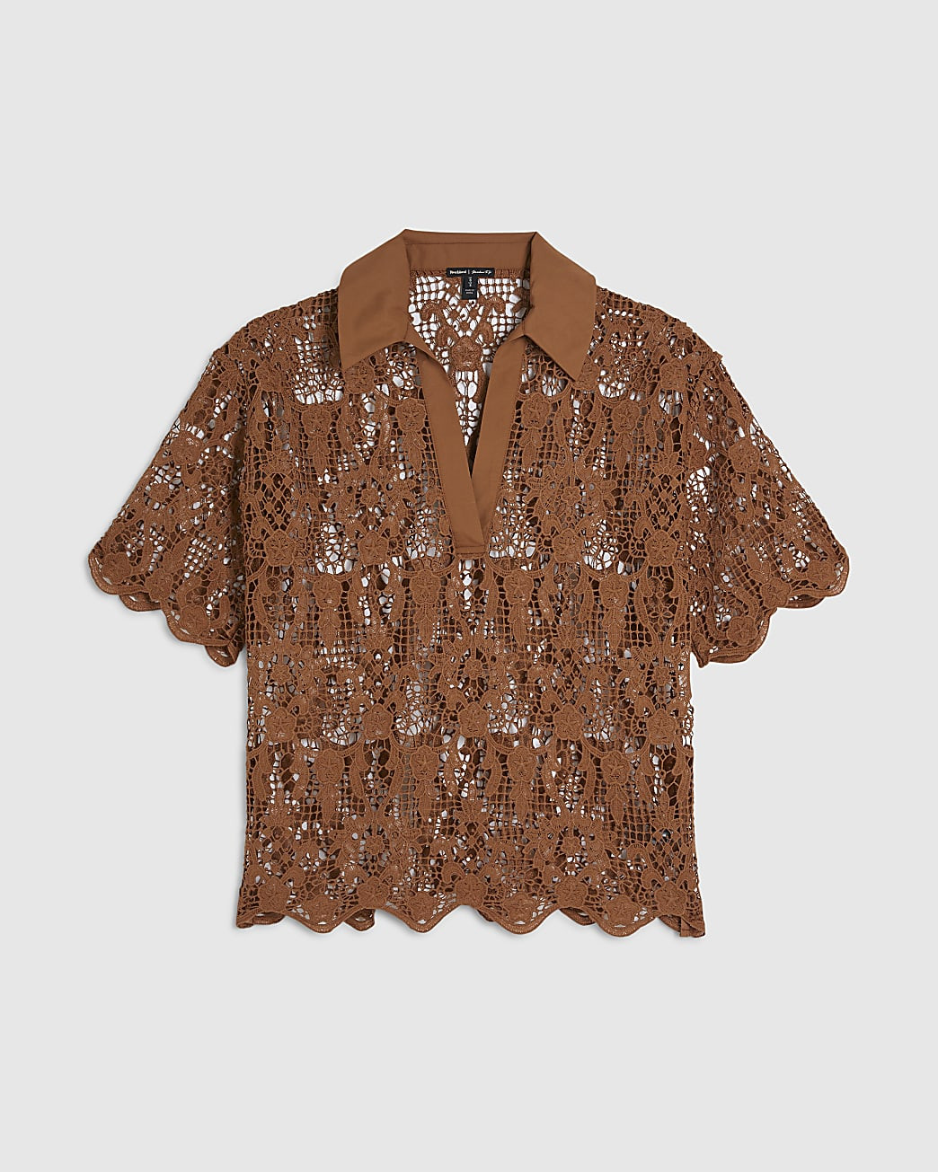 Brown Crochet Polo Top | River Island UK & IE