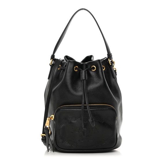 Glace Calfskin Embossed Secchiello Bucket Bag Black | FASHIONPHILE (US)