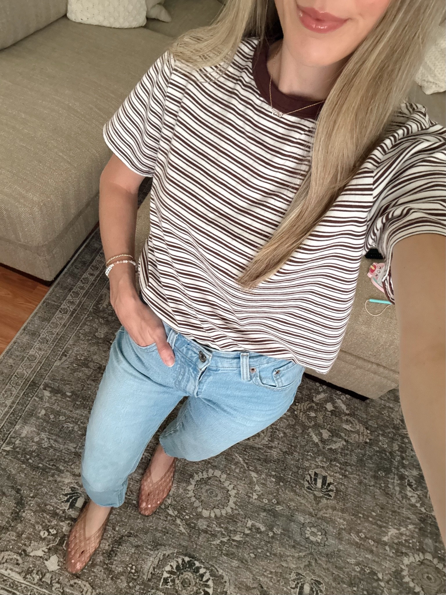 Abercrombie striped tee size XS
Jeans size 24 curve love 
Amazon jelly flats size 6, TTS

#LTKootd #LTKPetite #LTKSaleAlert