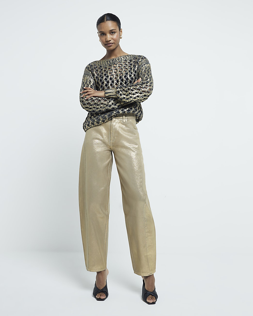 Gold Coated Seamed Barrel Jeans | River Island UK & IE
