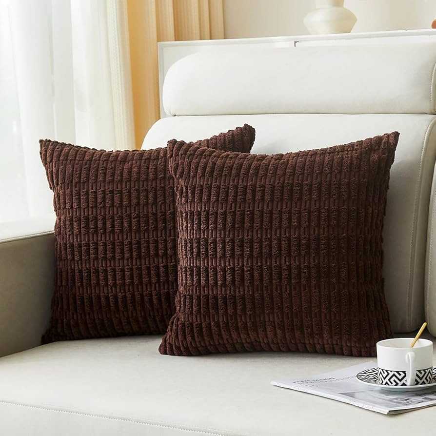 2 Packs Dark Brown Decorative Throw Pillow Covers 22x22 Inch Soft Corduroy Striped Boho Pillow Ca... | Amazon (US)