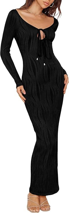 PRETTYGARDEN Women's Fall Knit Maxi Bodycon Dress Long Sleeve Cutout Tie Front V Neck Y2K Fitted ... | Amazon (US)
