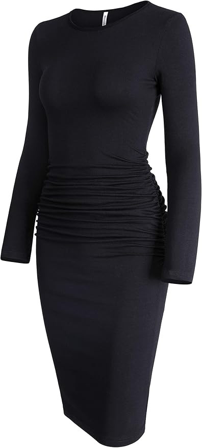 Missufe Women's Long Sleeve Ruched Casual Sundress Midi Bodycon Sheath Dress | Amazon (US)