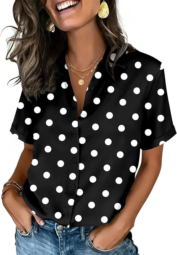 Zeagoo Button Down Shirts for Women Short Sleeve Collared Tops Dressy Casual V Neck Blouses | Amazon (US)
