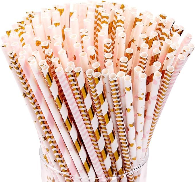 Hiware 200-Pack Pink/Gold Party Paper Straws - 8 Different Patterns Pink Straws/Gold Straws for P... | Amazon (US)