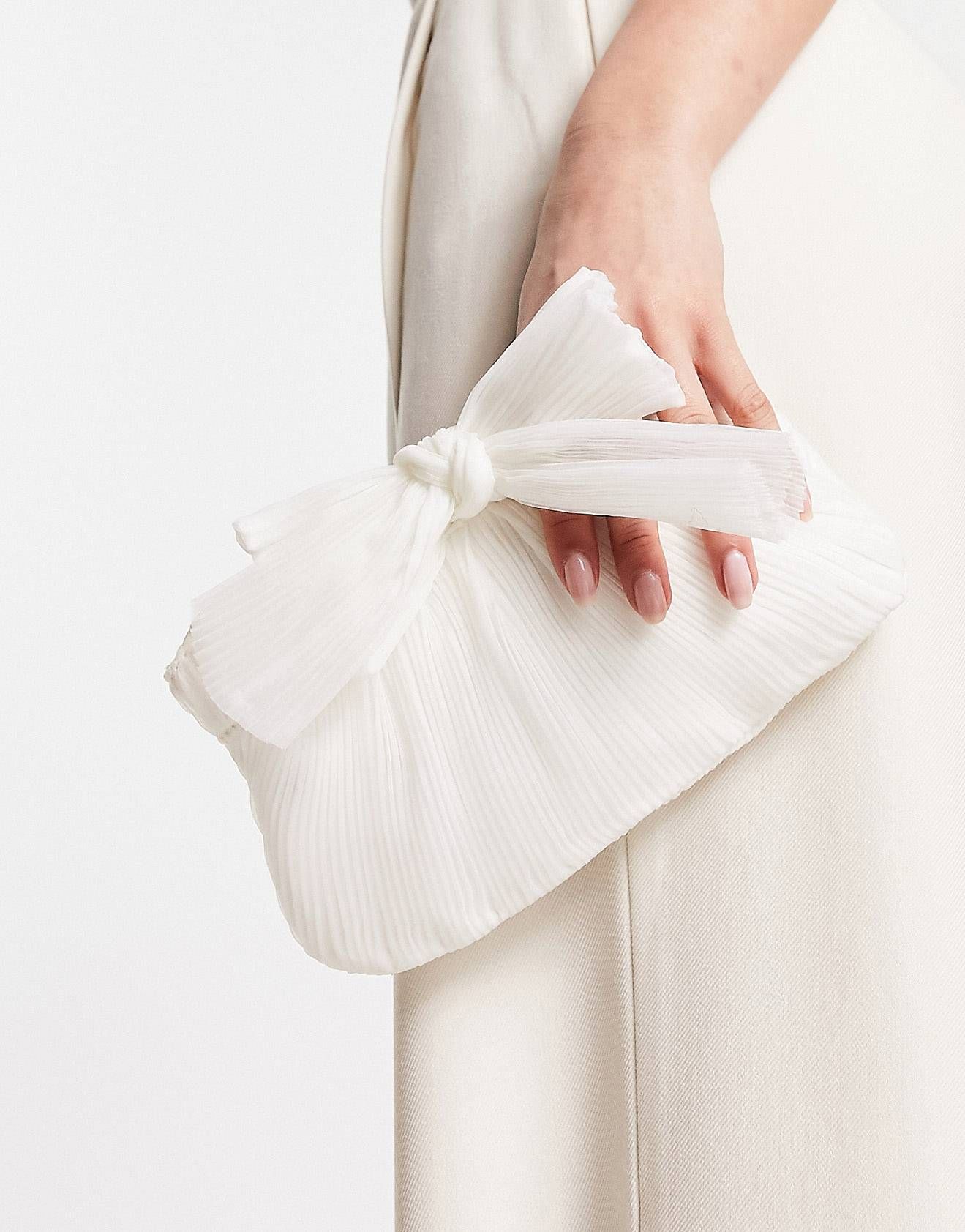 True Decadence ruched bow clutch bag in off-white | ASOS (Global)